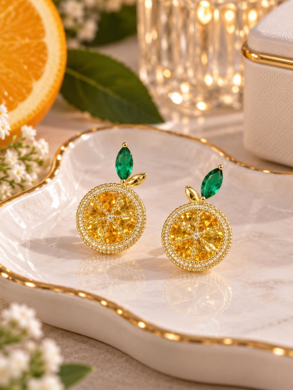 Gold Citrus Slice Drop Earrings Green Crystal Leaf Summer Fruit Jewelry NWT